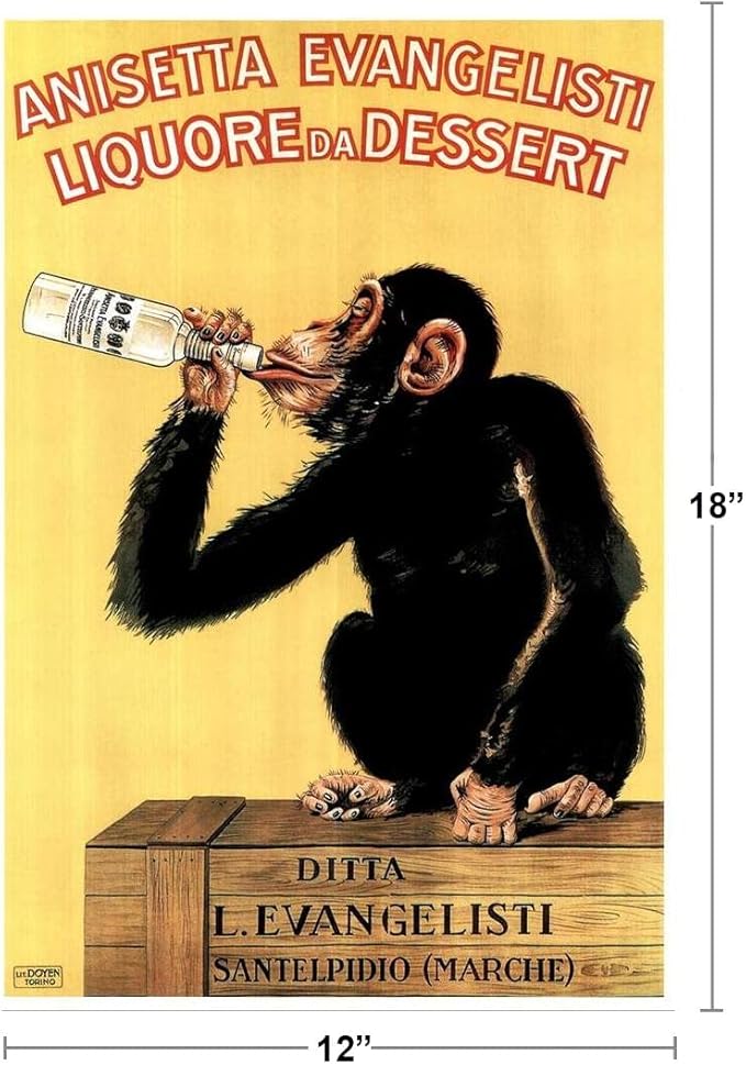 Anisetta Evangelisti Liquore Da Dessert by Carlo Biscaretti 1925 Vintage Alcohol Liquor Bottle Italian Advertising Drinking Monkey Chimpanzee Cool Wall Art Print Poster 12x18