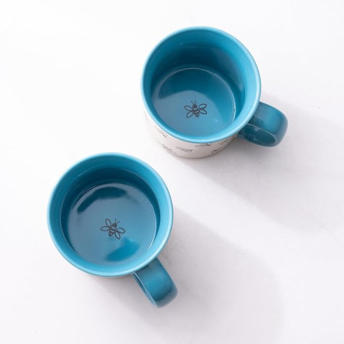 AmorArc 22 OZ Large Ceramic Coffee Mugs, Oversized Soup Cups With Big Handle for Men Women Dad Mom, Big Mug With Textured Bees Patterns for Office & Home -Microwave Safe, 2 Pcs-Blue