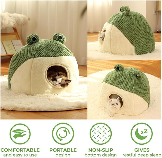 Cute Frog Cat Bed with Removable Cushion Pillow, Fluffy Frogs Style Cat Cave House Green, Sleeping Bag Pet Tent for Cats and Small Dogs