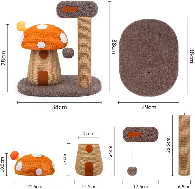 RAIN QUEEN Mushroom Cat Scratcher Post, Mushroom Cat Tree & Cat Toys, Scratching Posts for Indoor Cats with Natural Sisal Rope Cat Tower to Satisfy Cats’ Claw Instincts, for Kittens Or Smaller Catcat