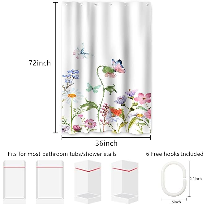 AWERT Small Half Size Stall Shower Curtain with 6 Hooks 36 inch Shower Stall Curtain 36 x 72 Butterfly Wildflowers for Bathroom/RV and Camper (Butterfly)