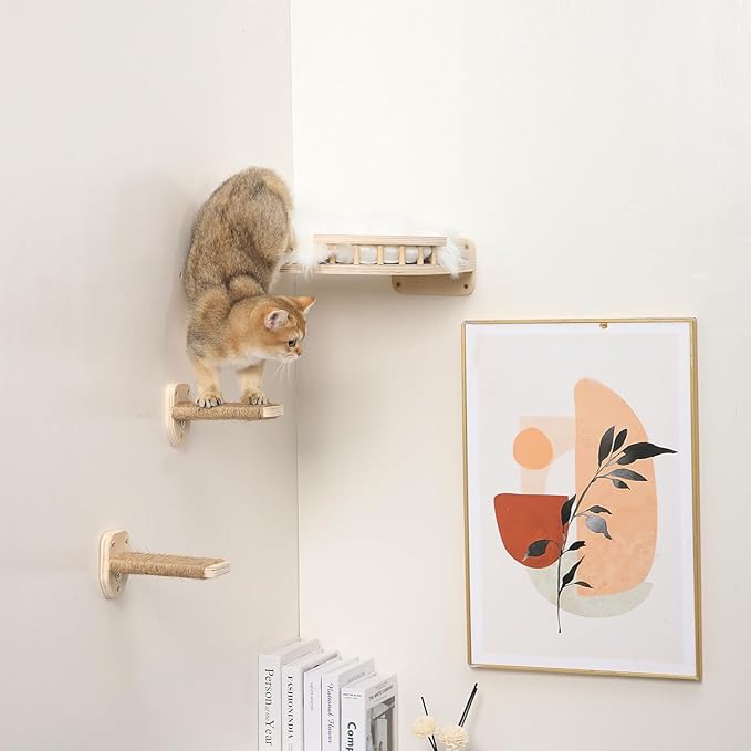 Cat Wall Shelves, Cat Shelves and Perches for Wall, Corner Cat Shelf with 3 Steps Scratch Post, Cat Bed Hammock with Plush Covered, Climbing Shelf for Indoor Cats (Wood)