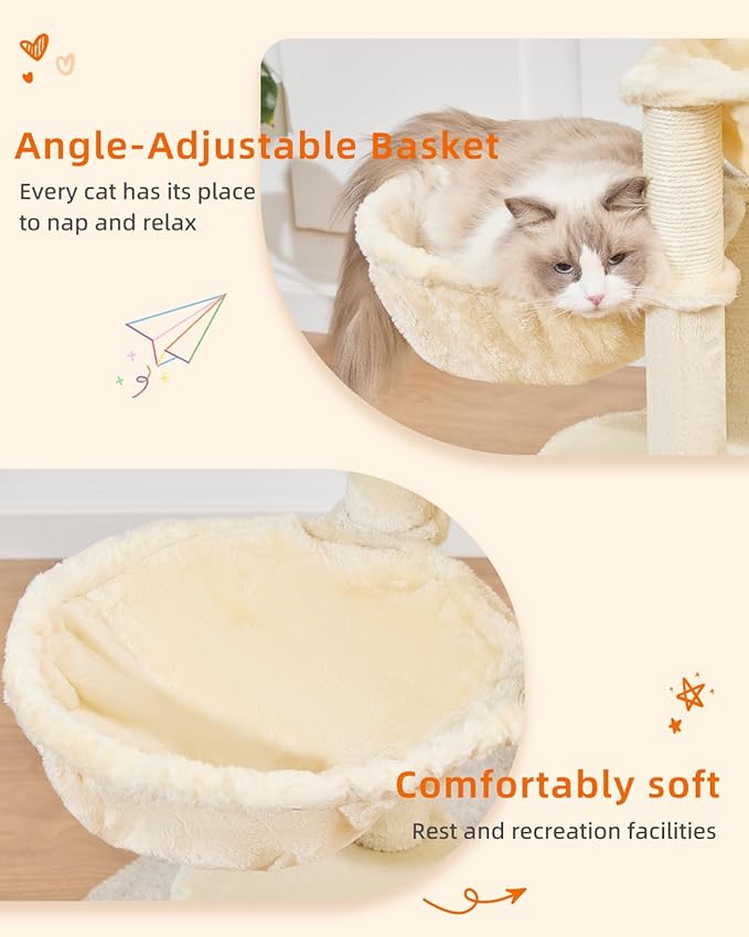 Taoqimiao Cat Tree, 51-Inch Cat Tower for Kittens, Cat Tree Tower with 5 Scratching Posts, Plush Cat Condo with Plush Perch, 2 Hammock, Pompoms, Beige MS019XL-M