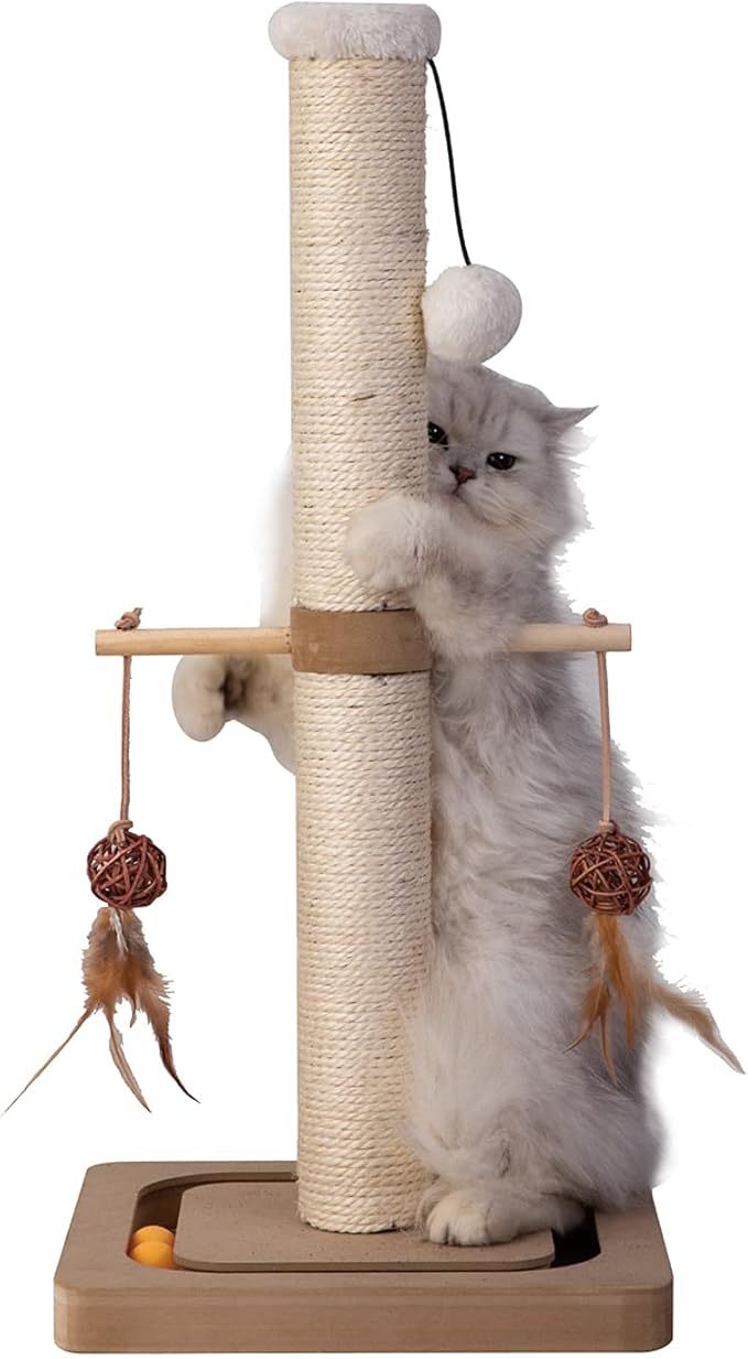 PEEKAB Cat Scratching Post Premium Sisal Scratch Posts with Tracking Interactive Toys Vertical Scratcher for Indoor Cats and Kittens- 25 inches Beige