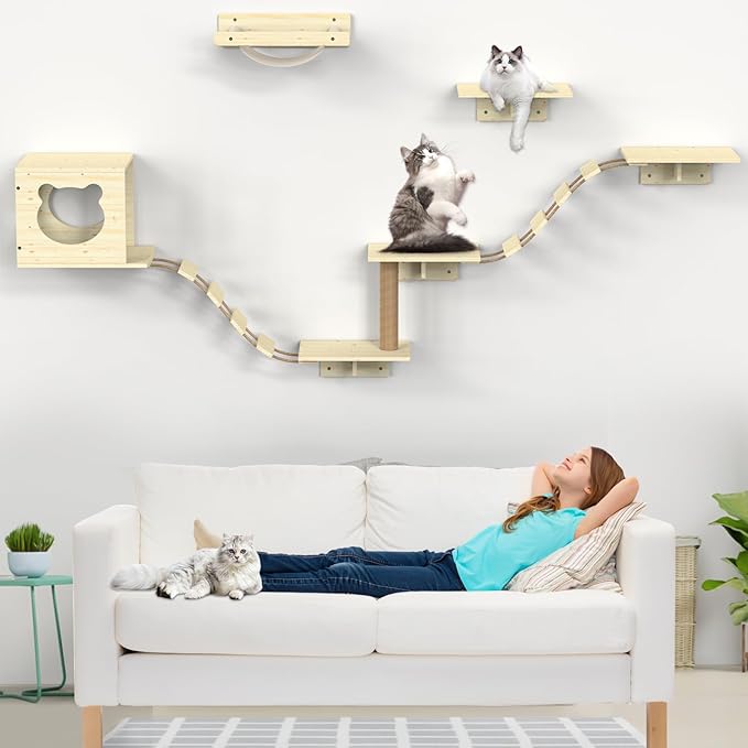 Cat Wall Shelves, Cat Wall Furniture, Cat Wall Mounted with 1 Cat House, 1 Cat Hammock, 2 Ladder, 4 Cat Perchs, 1 Cat Scratching Post for Cat Sleeping Playing Climbing