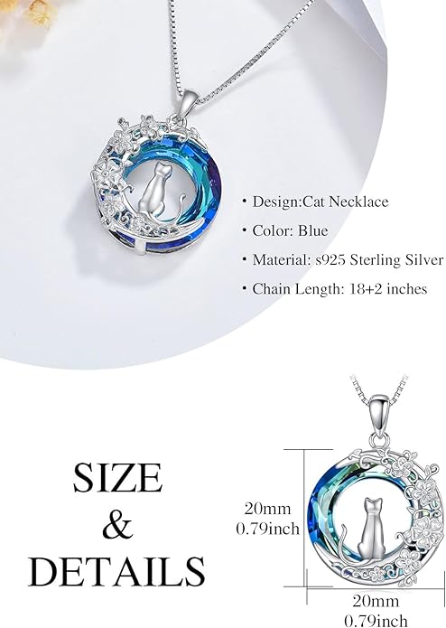 TOUPOP Cat Gifts for Women Sterling Silver Cat Necklaces with Circle Crystal Cat Lovers Jewelry Gifts for Women Girls Birthday Christmas