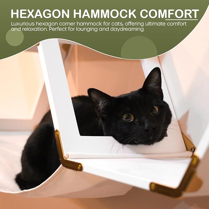 Cat Wall Furniture Set, Wall Mounted Cat Climbing Floating Shelf with Cat Entry Stairs and Hammock, White Perch Hexagons Shelves For Climber Cats, Cat Wall Tree With Window Hammock Bridge Bed