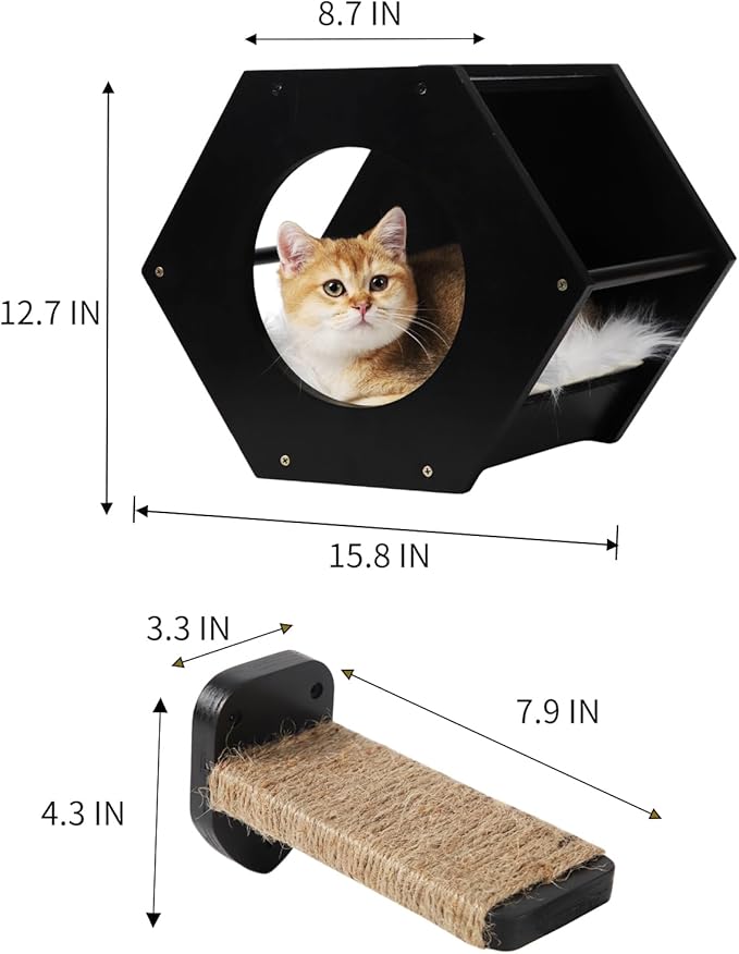 Cat Wall Shelves, Cat Shelves for Wall, Cat Wall Furniture, Cat Shelf with 3 Steps Scratcher Post, Cat Tree Hammock with Plush Wall Mounted, Climbing Shelf Wall Mount for Indoor Cats (Black)