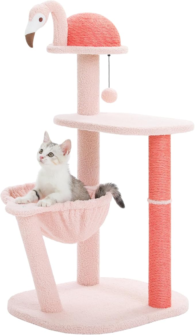 PETEPELA 34.2'' Cat Scracthcing Post, Tall Cat Scratcher with Large Cat Hammock [Dia=30CM], Flamingos Natural Sisal Cat Scratch Post, Pink Small Cat Tree Tower for Indoor Cats&Kittens