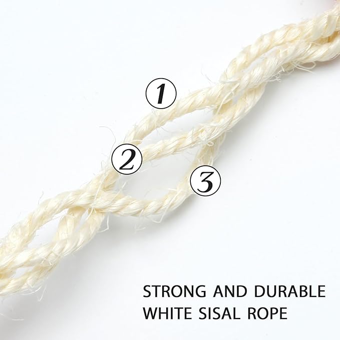 White Sisal Rope 1/4 Inch by 164-Feet for Cat Scratching Post Tree Tower Replacement Repair and Replace, DIY Hemp Twine for Kittens Shelves Furniture Window Bed Climbing Scratch Carpet, 6mm by 50m