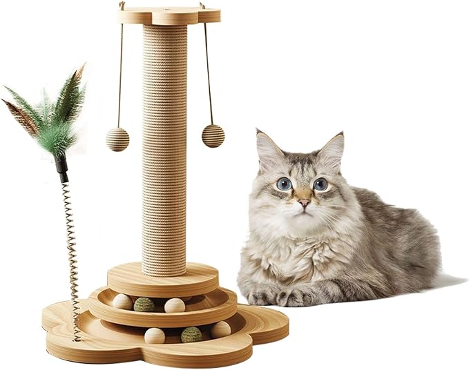 Wood Cat Scratching Posts, Cat Tree Scratching Post with Cat Interactive Toy, Easy Installation Cat Tower for Small Cat (18In)