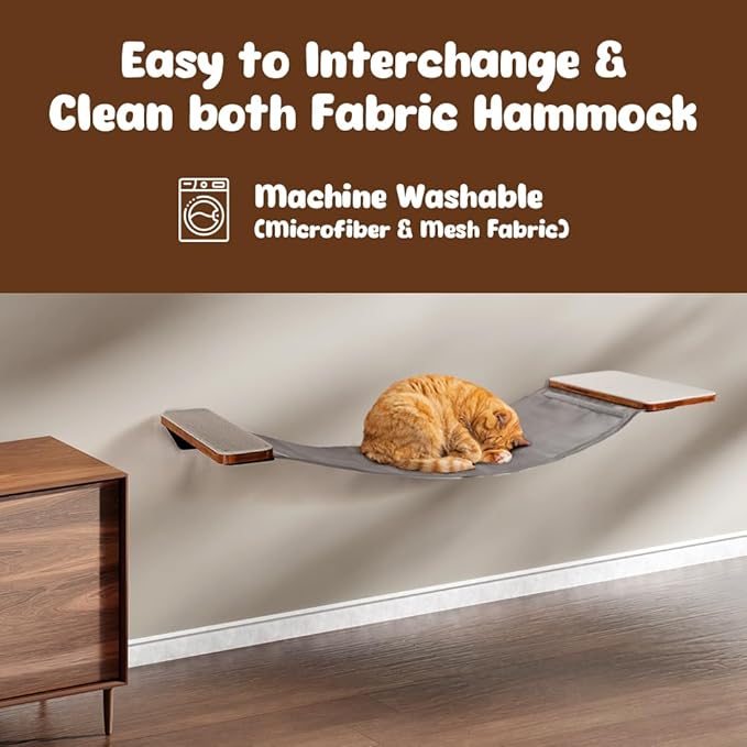 Cat Wall Hammock with Dual Fabric Design – Sturdy Wall Mounted Cat Bed for Large Cats, Cat Bridge, and Cat Wall Perch with Metal Frame and Wooden Shelf for Cozy Rest- MK2026A