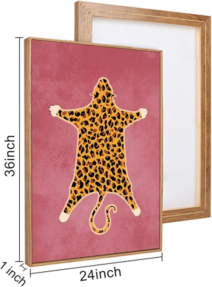 Ausril Cheetah Animals Framed Canvas Wall Art Set, Leopard Preppy Room Wall Decor, Modern Boho Cats Wall Painting, Pink Dot Cartoon Art Print for Living Room Bedroom Dinning Room Office 24"x36"x3