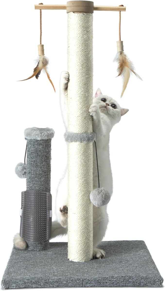 PAWSFANS Cat Scratching Post,Sisal Scratch Posts Vertical Scratcher for Indoor Cats and Kittens,with self Grooming Bursh and Interactive Toys 30 Inches Tall Grey