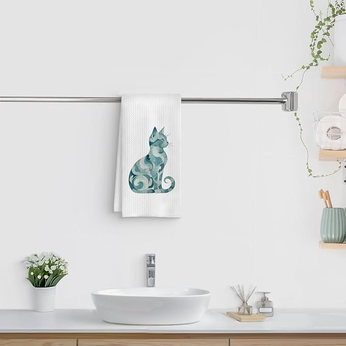 Abstract Blue Swirl Cat Kitchen Towel, Kitten Hand Towel Dish Towel, Pet Gifts for Women Mom Lady Girls, Cat Bathroom Kitchen Decor, 16x24 Inch