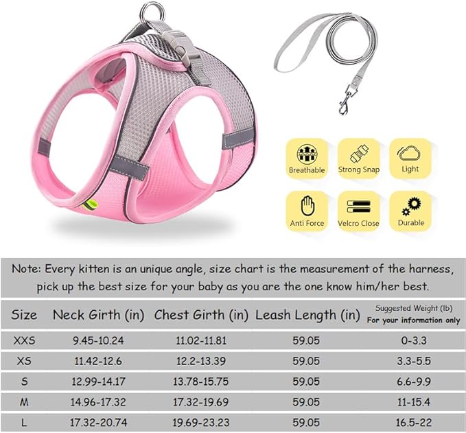 Cat Harness and Leash Set Soft Adjustable Escape Proof Cat Leash Breathable Comfortable Vest Easy to Wear Kitten/Small Dogs Harness for Outdoor Walking Pink M