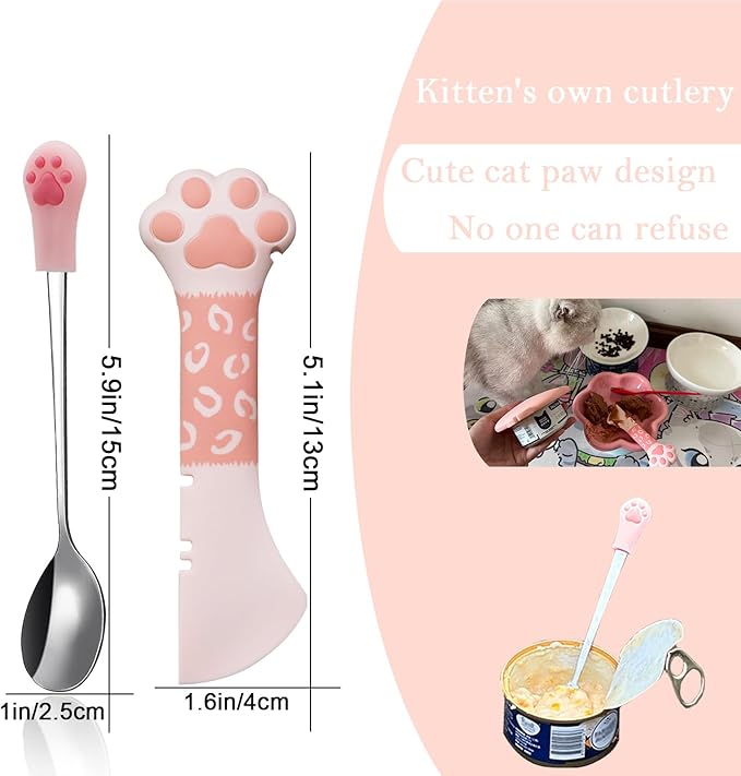 4 Pcs Cat Food Can Spoon & Can Covers | Cute Paw Silicone Pet Food Can Opener Spatula & Can Lids | Stainless Steel Wet Food Spoon for Cats and Dogs(Pink)