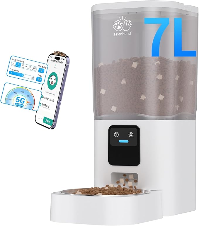 5G WiFi Automatic Cat Feeder with Wall Hook: Automatic Dog Feeder with 7L Large Food Storage Container, Cat Food Dispenser with Alexa for Multiple Pets, Detachable for Easy Clean -29 Cup