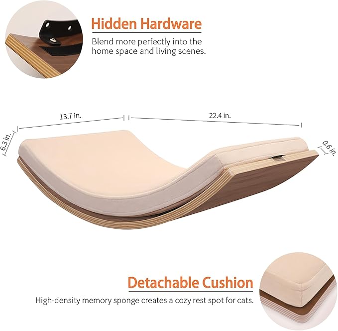 Large Cat Wall Shelves Curved Floating Cat Shelf Perch Bed with Cushion Wooden Cat Wall Furniture for Climbing Sleeping 22.4"x13.7"(Walnut)