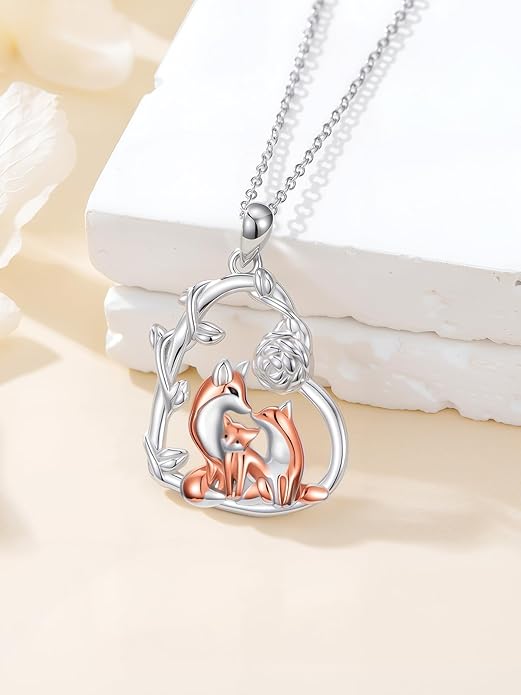 Cute Mother and Daughter Fox/Cat/Cow/Monkey/Panda Necklace 925 Sterling Silver Heart Flower Heart Necklace Animal Jewelry Mother's Day Jewelry for Women