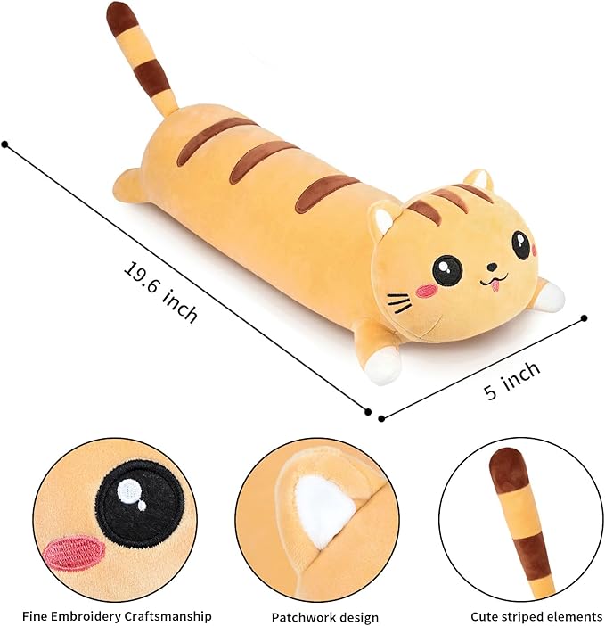 AFAN Long Cat Plush Cute Cat Body Pillows Kawaii Stuffed Animals Plushies Soft Cuddly Cotton Plush Toys Room Decor Gifts for Kids Girls Boys Adults (Yellow, 19.6 Inch)