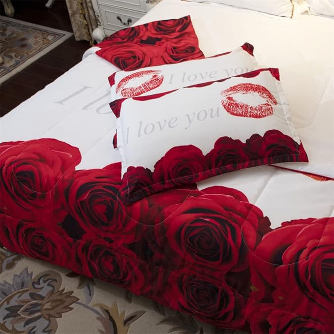 3D Comforter Set Twin - Red and White Rose Print Comforter Set Twin Size Floral Room Decor Bedding Set Aldult Quilt with 2 Pillowcases for All Seasons