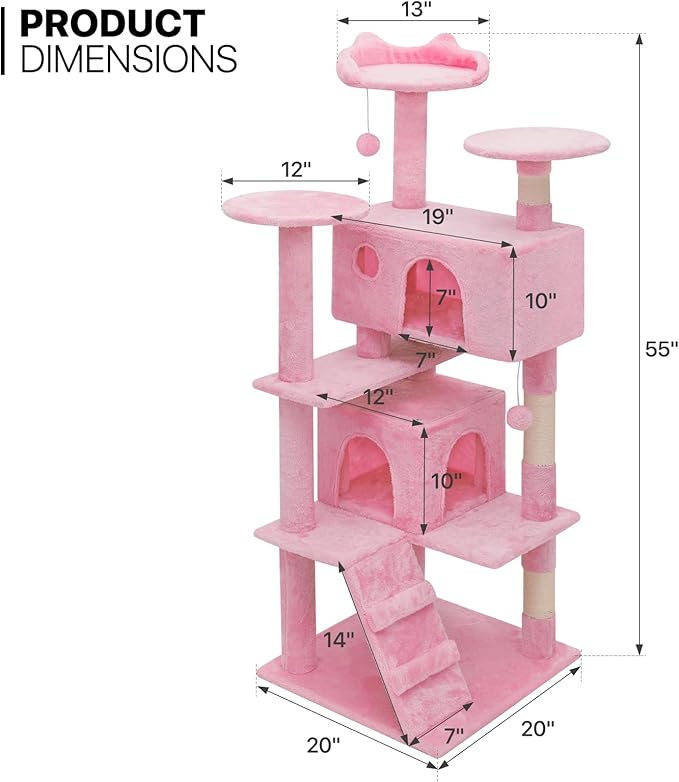 MoNiBloom Cat Tree, 54 Inch Cat Tree Tower with 2 Cat Condo, Cat Tower with Scratching Post, Cat Climbing Tower, Cat Tree for Indoor Cats, Soft Pink