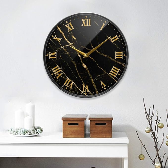 ALAZA Black Marble Print Gold Lines Wall Clock Battery Operated Silent Non Ticking Clocks for Living Room Decor 12 Inch / 9.5 Inch