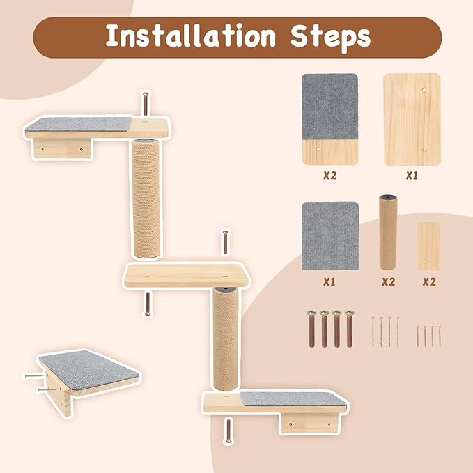 Cat Wall Shelves 3-in-1: Wall-Mounted Cat Ladder, Cat Steps, Cat Stairs, Scratching Post, Jumping Platform, Cat Tree, and Perch for Climbing & Napping – Ideal for Active Cats