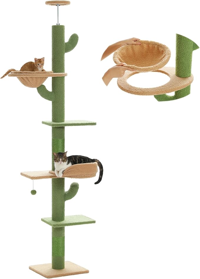 PETEPELA Floor to Ceiling Cat Tree [87"-100"] Height Adjustable, 5 Levels Cactus Cat Tower with Cat Perch&Replaceable Hammock(Visible Acrylic Bowl), 4.1" Super Robust Cat Scratcher Green