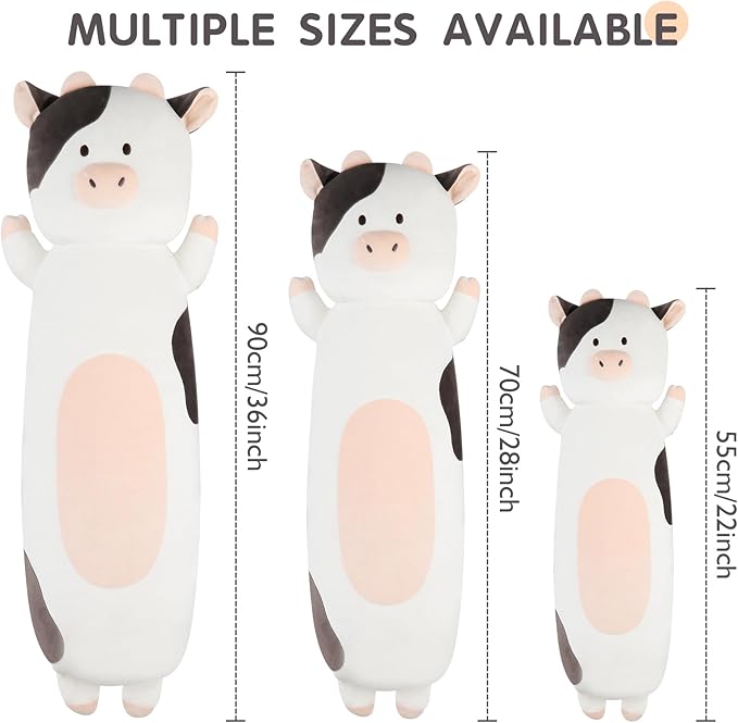 22 inch Milk Cow Stuffed Animal, Soft Long Pillow Doll Cute Cows Plush Hugging Pillow Plushies Toy Gift for Kids, Boys Birthday,Valentine, White