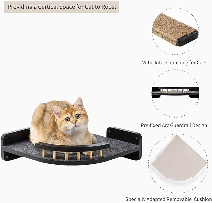 Cat Wall Shelves, Cat Shelves and Perches for Wall, Cat Wall Furniture, Corner Cat Shelf with 3 Steps Scratch Post, Cat Bed Hammock with Plush Covered, Climbing Shelf for Indoor Cats (Black)