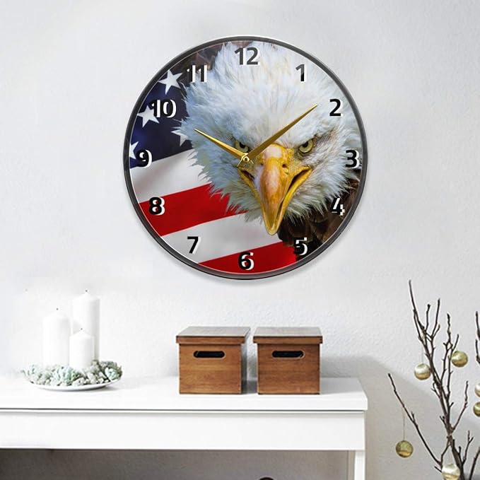 ALAZA American Bald Eagle USA Flag Animal Wall Clock Battery Operated Silent Non Ticking Clocks for Living Room Decor 12 Inch / 9.5 Inch