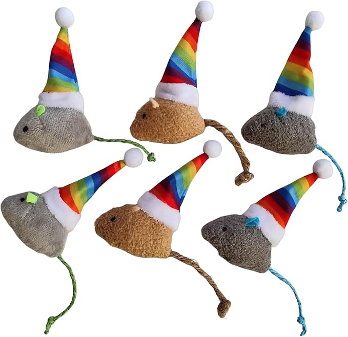 6-Pack Christmas Catnip Cat Mice Toys with Rainbow Santa Hats Interactive Cat Toys for Indoor Cats Kittens, Christmas Thanksgiving Cat Toy Gift