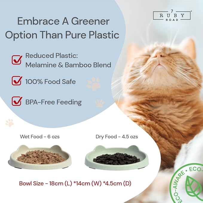 7 Ruby Road Anti Whisker Fatigue Cat Bowl, Set of 2 - Wide Cat Food Bowls, Wet and Dry Shallow Cat Food Dish, Small Cat Dishes for Indoor Cats, Cute Kitten Bowls Whisker Friendly & Relief Non-Slip 6oz