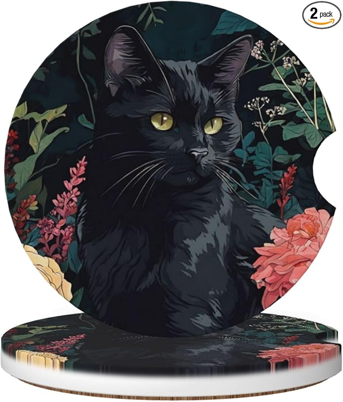 Absorbent Ceramic Car Coasters for Cup Holders, Vintage Flower Black Cat Design 2.56" Anti Slip Universal Drink Cup Coasters for Women Men (2 Pack)