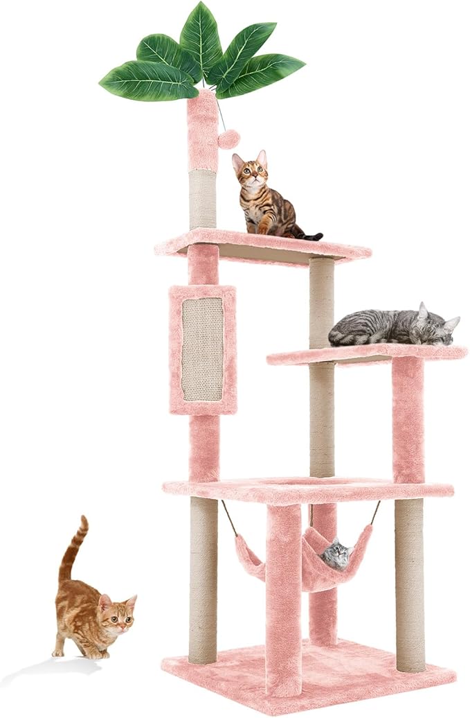 61" Large Cat Tree Tower for Indoor Cats with DIY Green Leaves Scratching Post Multi Soft Hang Ball Plush Cat House Furniture 360° Rotating Cat Scratch Board with Hammock, Square Pink