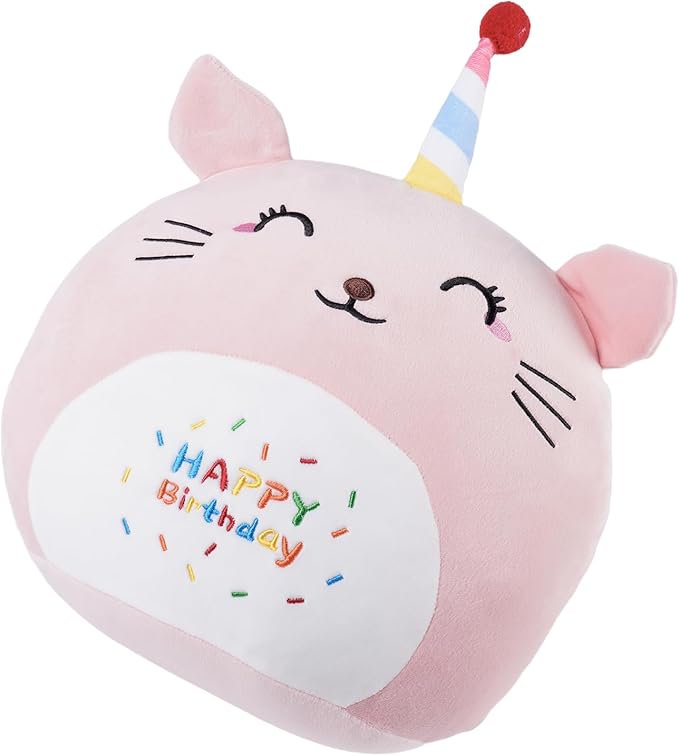 12 Inch Plush Birthday Cat Kitty Stuffed Animal Happy Birthday Cat Hugging Pillow Birthday Cat Plushies Throw Pillow Birthday Pink Cat Kitten Anime Gift for Kids and Lovers