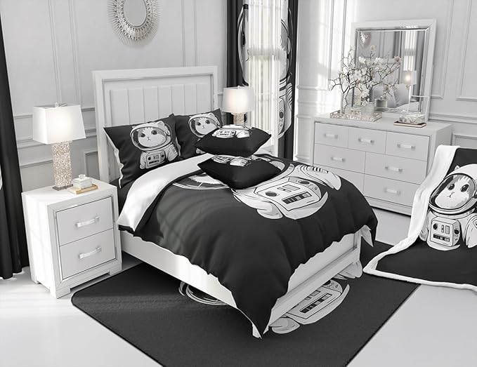 Astro-cat Sherpa Blanket Cute Pet Cats Fleece Throw Blanket for Sofa Couch Bed Decor Animals Universe Explore Plush Blanket Black White Fuzzy Blanket Twin 60"x80"