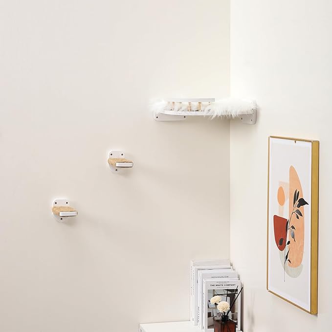 Cat Wall Shelves, Cat Shelves and Perches for Wall, Cat Wall Furniture, Corner Cat Shelf with 3 Steps Scratch Post, Cat Bed Hammock with Plush Covered, Climbing Shelf for Indoor Cats (White)