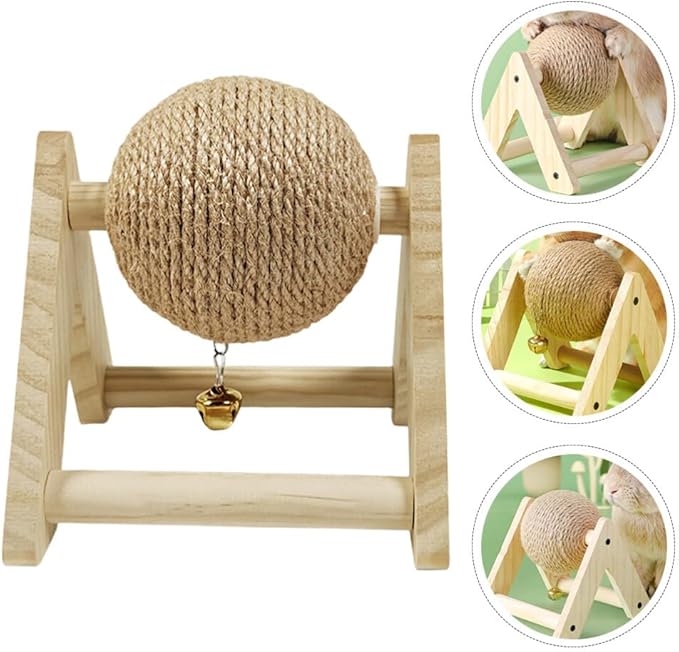 ABOOFAN Cat Scratcher Toy with Sisal Ball Cats Scratching Rope Ball Interactive Rotatable Wood Pet Scratcher Toys Durable for Indoor Kitties to Grind Claws Pet Furniture Supplies