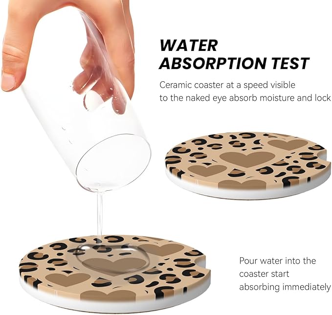 Absorbent Ceramic Car Coasters for Cup Holders, Brown Love Leopard Cheetah Print Design 2.56" Anti Slip Universal Drink Cup Coasters for Women Men (2 Pack)