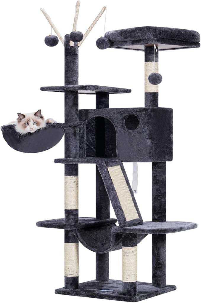 Hey-brother Cat Tree, 53 inch Cat Tower for Indoor Cats, Cat House with Padded Platform Bed, Toy Balls, Large Cozy Condo, Hammocks and Sisal Scratching Posts, Smoky Gray MPJ019-SG