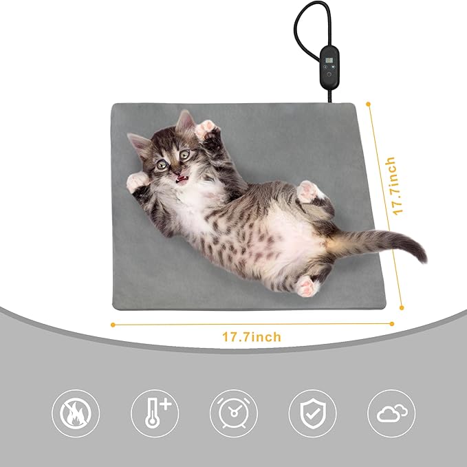 Cat Heating Pad with Timer, Pet Heating Pad 6 Adjustable Temperature Waterproof Dog Heated Pet Mat Indoor Electric Heated Cat Bed Washable Heated Pet Pad for Pets Cats Dogs with Chew Resistant Cord