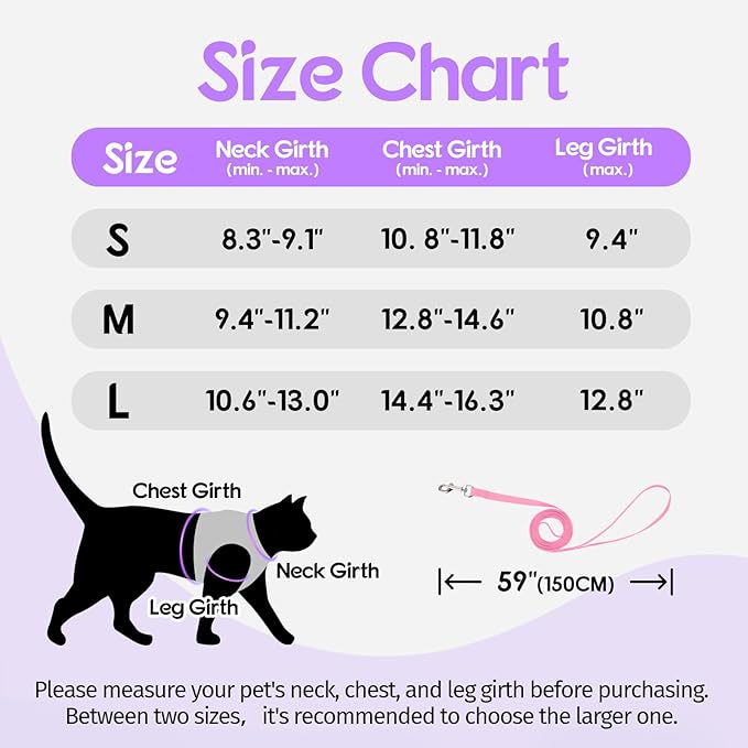 Dooradar Cat Harness and Leash Set, Escape Proof Lightweight Kitten Harness, Soft Breathable Reflective Vest for Outdoor Walking Traveling, Adjustable for Large Cats, Purple & Pink, L