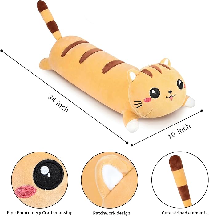 AFAN Long Cat Plush Cute Cat Body Pillows Kawaii Stuffed Animals Plushies Soft Cuddly Cotton Plush Toys Room Decor Gifts for Kids Girls Boys Adults (Yellow, 34 Inch)