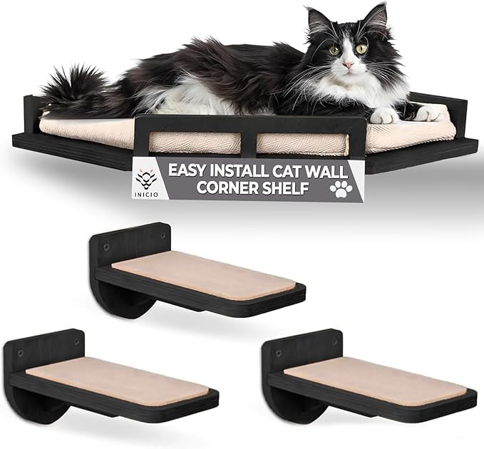 Cat Wall Shelves - Cat Shelves for Wall, Cat Shelf w/Cat Wall Steps, Cat Wall Furniture Black - Corner Cat Shelf, Cat Shelves with Cat Wall Bed