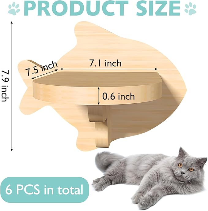 kathson 6 Pcs Cat Shelves for Wall Cat Wall Mounted Shelves Cat Wall Steps Wood Cat Climbing Shelves Cat Stairs with Non Slip Felt Cat Ladder Cat Wall Furniture for Springboard Playing (Fish Shape)