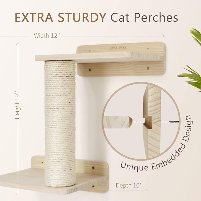 SONGWAY Cat Shelves and Perches for Wall - Wall Mounted Cat Shelf with 2 Sisal Cat Steps, Perches and Cat Hammock, Wooden Cat Bed & Furniture for Indoor Cats Climbing, Lounging, Scratching