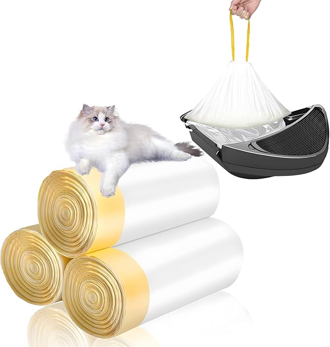 60-Count Cat Litter Box Liners with Drawstring, Compatible with Litter-Robot 3/4, 26.6”X16.7” Heavy Duty Cat Litter Trash Bags, Leak-Proof and Tear-Resistant (26.6”X16.7” 60-Count)
